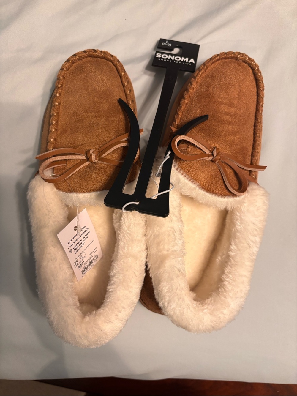 SONOMA Chestnut Moccasin Slippers with Cream Faux Fur Trim